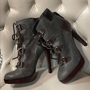 New Tory Burch Gray and Brown Heeled Boots Size 8 Luxury Rare Find